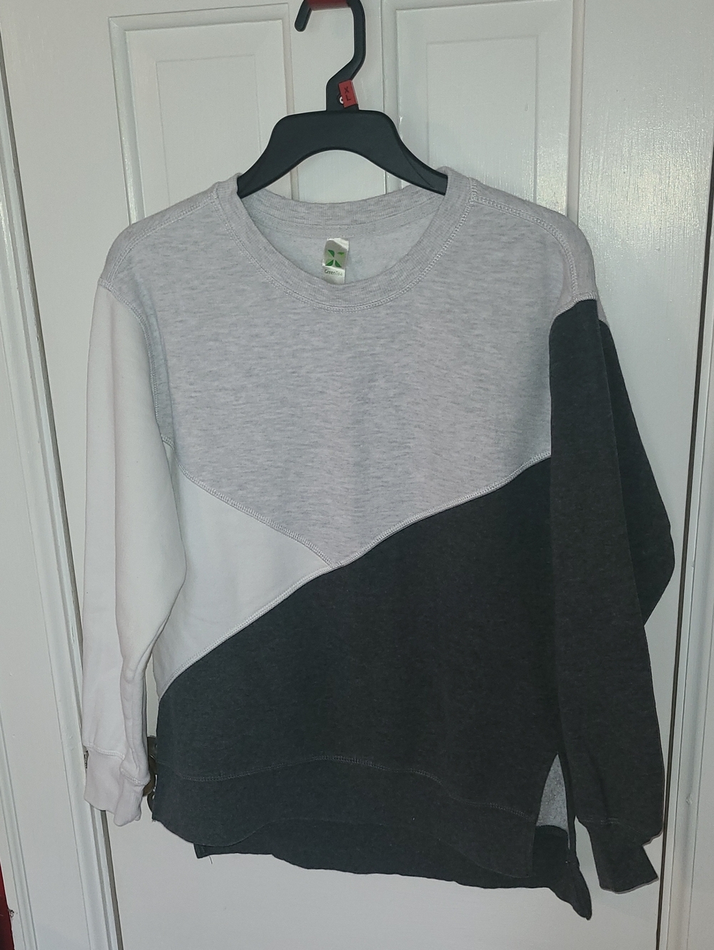 Women's Colorblock Crewneck Sweater - Light Gray, White, & Charcoal, S